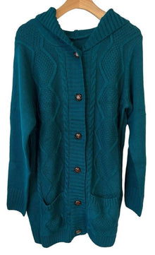  Shein Hooded Cardigan Sweater Womens Large Teal  Button Up Pocketed Cable NEW